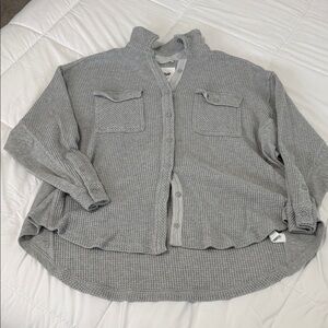 aerie Light Gray Waffle Knit Button-Up Cardigan